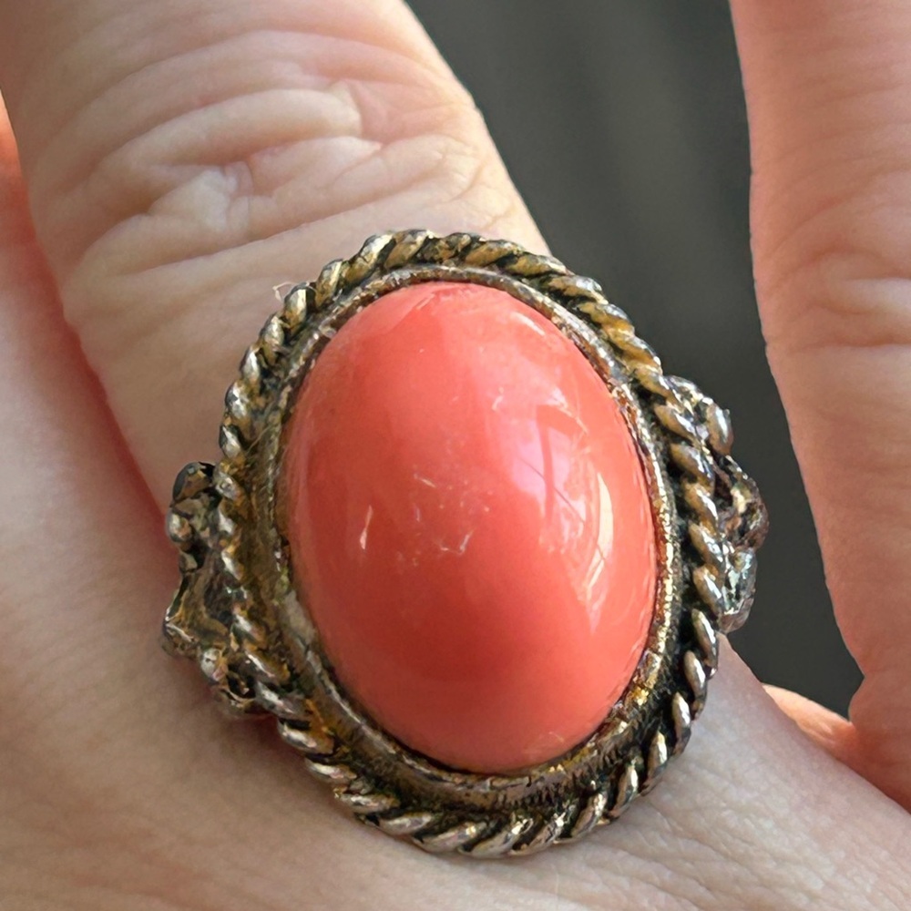 4/$50 Elegant Coral Ring with Silver Detailing size 7